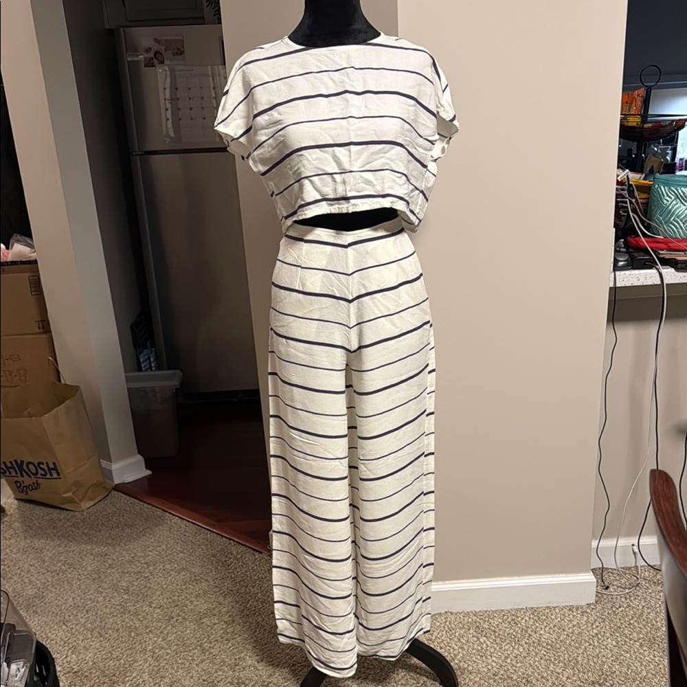 Striped White and Blue Women's Two Piece Set